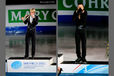 Evgeni Plushenko (Russia) left and Florent Amodio (France) rightcelebrate winning the gold and bronze medals respectively at the 2012 European Figure Skating Championships at the Motorpoint Arena in Sheffield UK January 23rd to 29th.