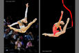 Yuria Onuki (Japan) left and Ganna Rizatdinova (Ukraine) right, perform backward looking leaps during their routines.