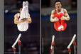 Phuoc Hung Pham (Vietnam) left and Yoo Won Chul (Korea) right show double piked and double tucked dismounts while competing on Parallel Bars at the 2009 London World Artistic Gymnastics Championships.