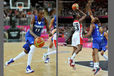 Attacking play from both teams during the women's Basketball match between Canada and France at the 2012 London Olympic Games.