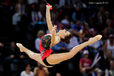 Evgenia Kanaeva (Russia) winner of six gold medals competing with Clubs at the World Rhythmic Gymnastics Championships in Montpellier.